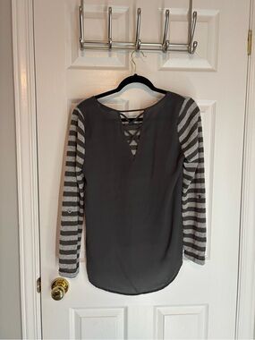 mine Gray Lace-Up V-Neck Blouse with Striped Sleeves